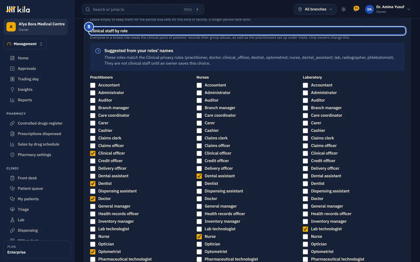 Clinical staff by role (5), with Suggested from your roles' names and the roles ticked in each group, such as Doctor and Clinical officer under Practitioners, Nurse under Nurses and Lab technologist under Laboratory.