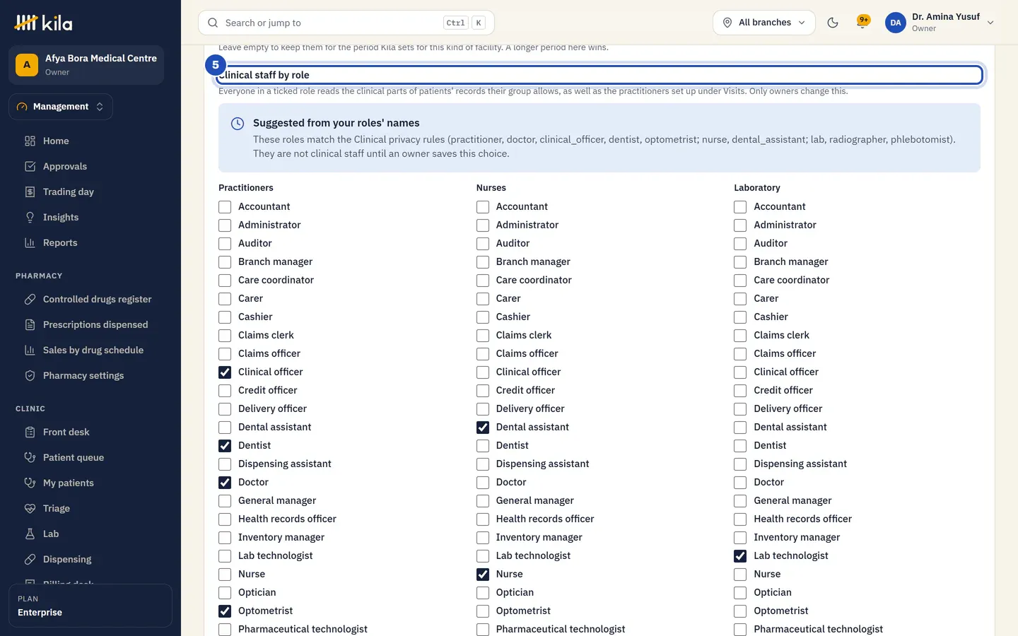 Clinical staff by role (5), with Suggested from your roles' names and the roles ticked in each group, such as Doctor and Clinical officer under Practitioners, Nurse under Nurses and Lab technologist under Laboratory.