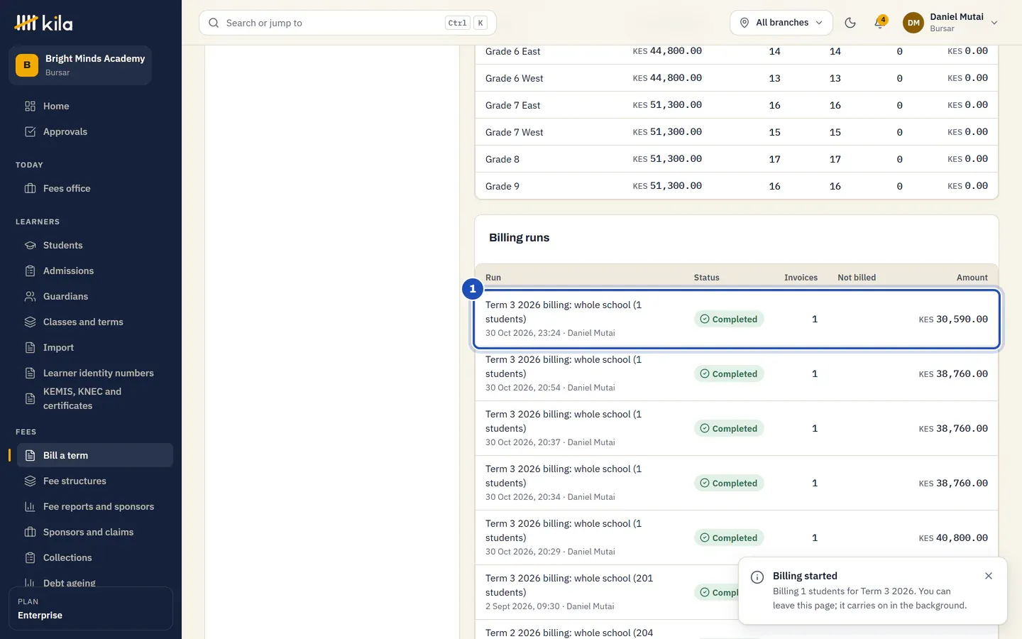 Billing runs: the new run, Term 3 2026 billing for the whole school, Completed with one invoice (1), above the run at the start of the term.