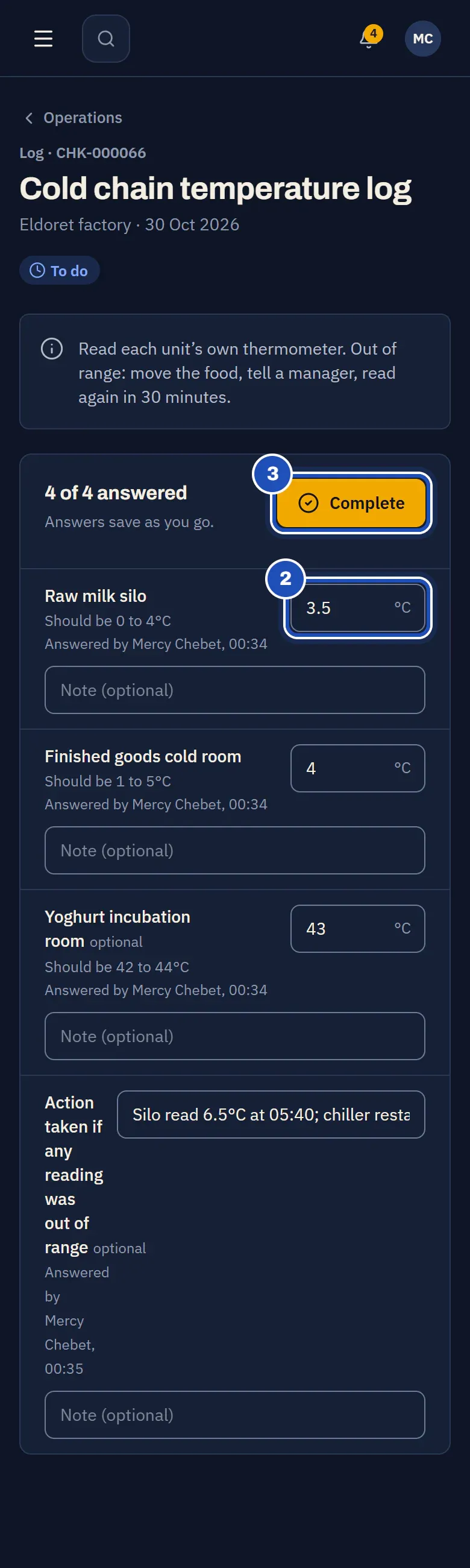 The cold chain temperature log: the raw milk silo at 3.5°C (2), the cold room and incubation room readings, and Complete (3).