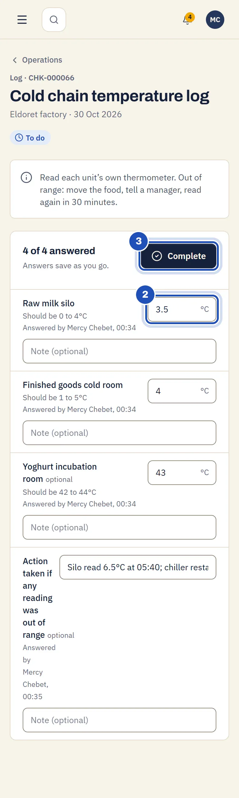 The cold chain temperature log: the raw milk silo at 3.5°C (2), the cold room and incubation room readings, and Complete (3).