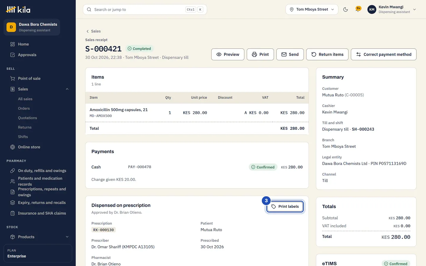 The sale's page: the card Dispensed on prescription, approved by Dr. Brian Otieno, with the prescription, patient and prescriber, and Print labels marked 3.