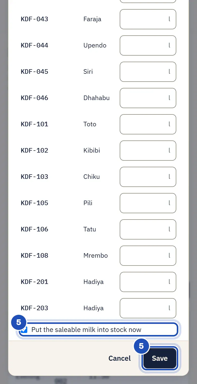 The end of the same list: Put the saleable milk into stock now, ticked, and Save (5).