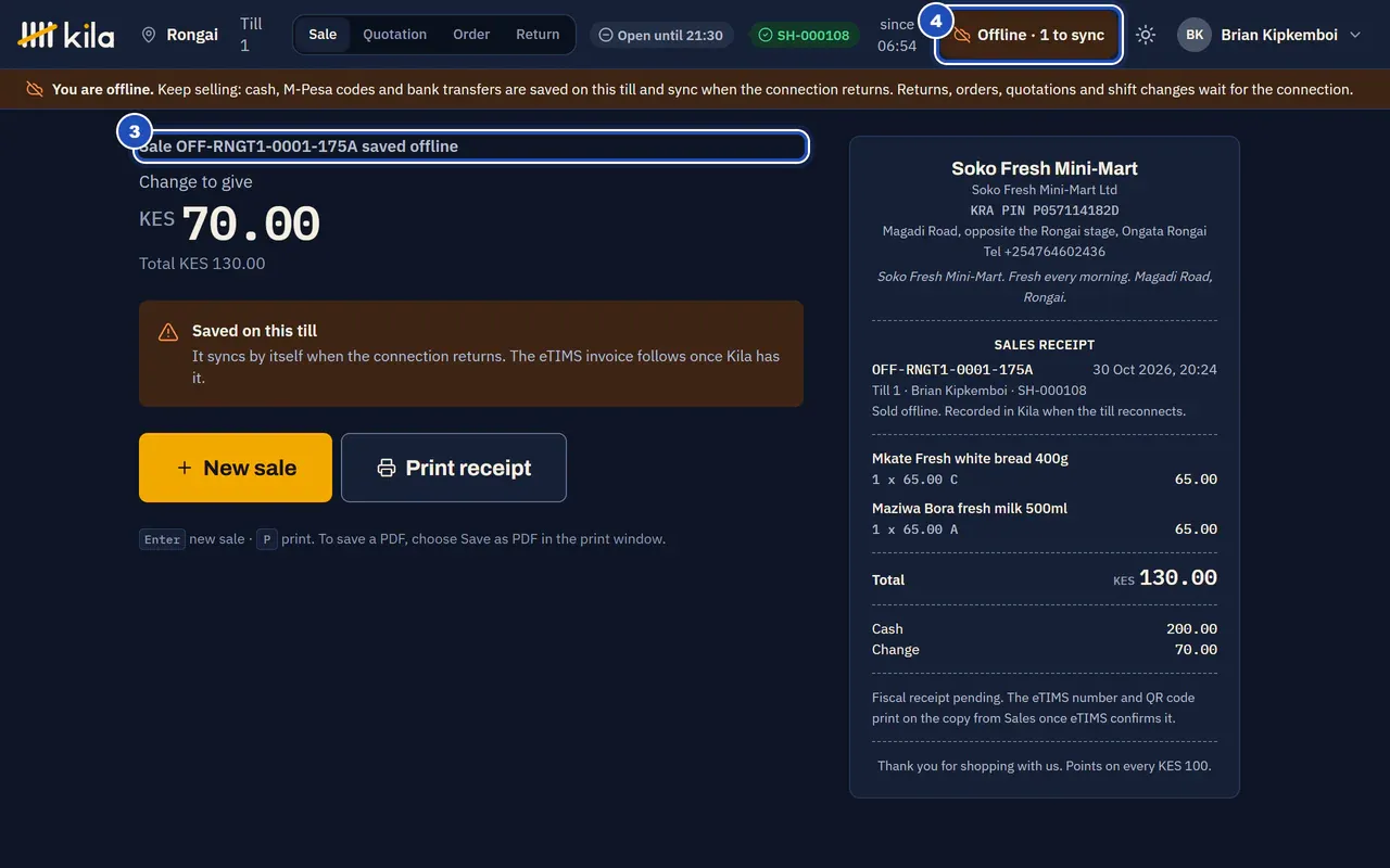 A sale saved offline: Sale OFF-RNGT1-0001-FBAA saved offline (3), Saved on this till, Offline · 1 to sync in the top bar (4), and the receipt with the offline reference and Sold offline. Recorded in Kila when the till reconnects.