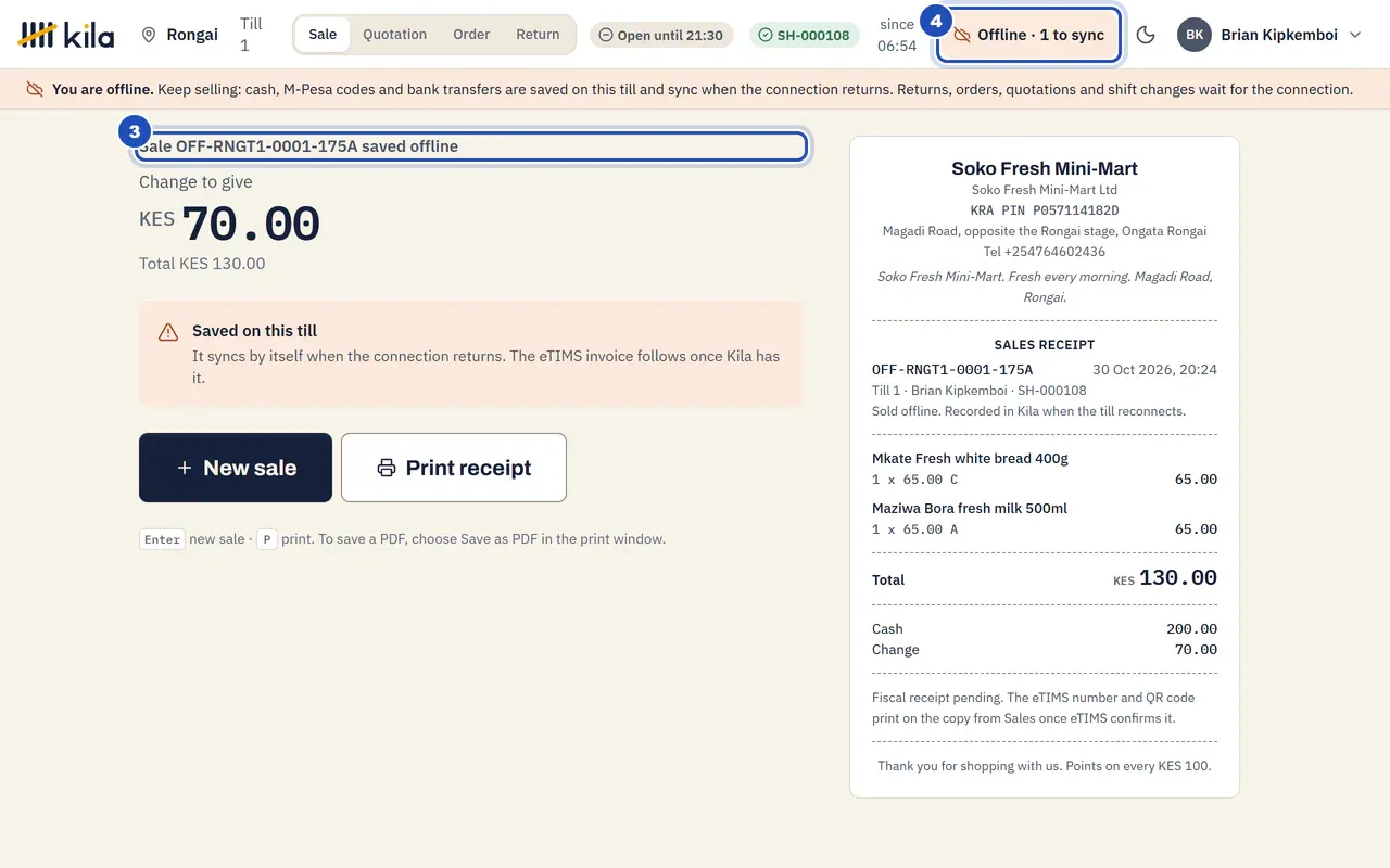 A sale saved offline: Sale OFF-RNGT1-0001-FBAA saved offline (3), Saved on this till, Offline · 1 to sync in the top bar (4), and the receipt with the offline reference and Sold offline. Recorded in Kila when the till reconnects.