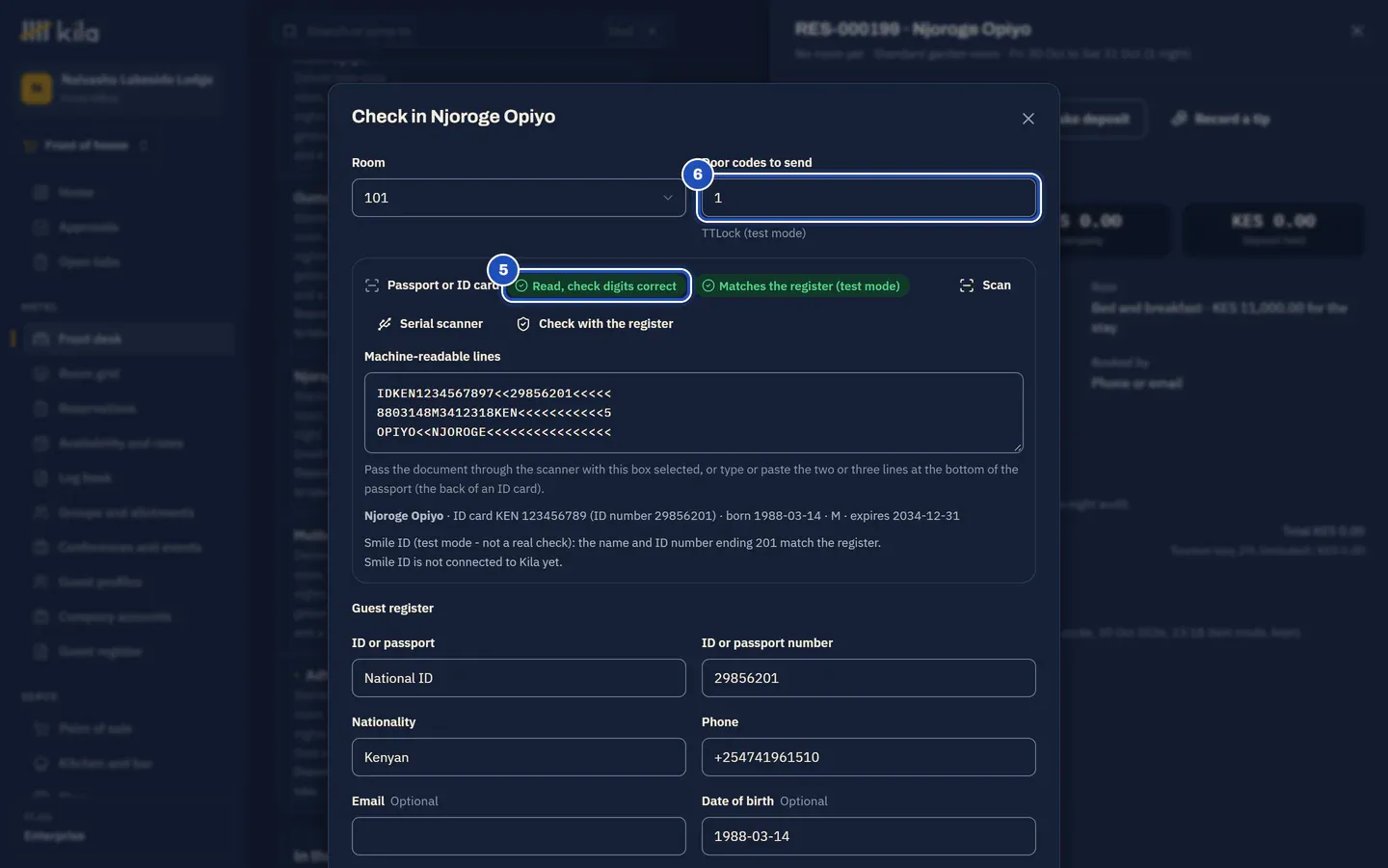 Check in Njoroge Opiyo on Kila's demo site: his ID card read, Read, check digits correct (5) and Matches the register (test mode), the guest register filled from the card, and Door codes to send set to 1 (6).