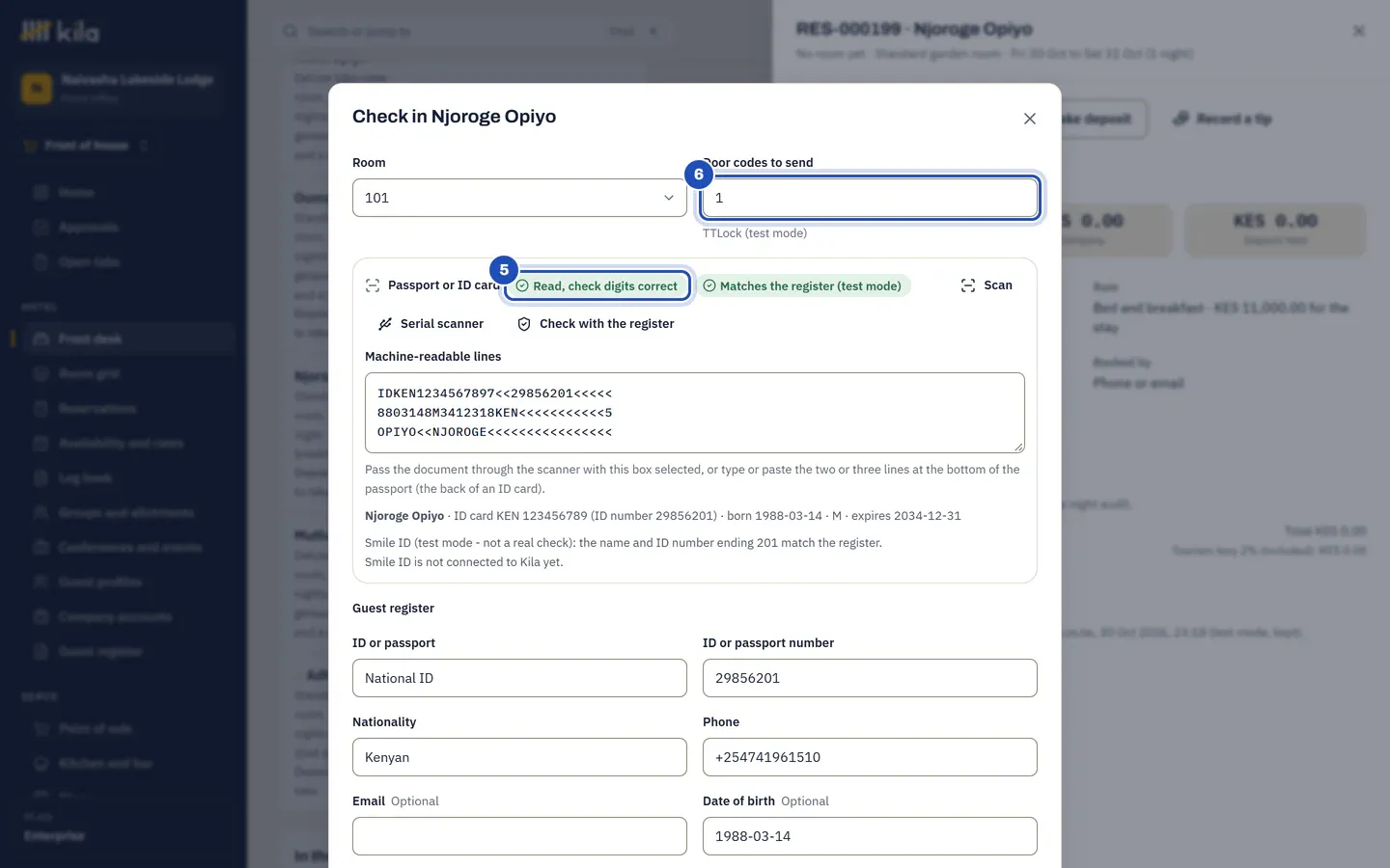 Check in Njoroge Opiyo on Kila's demo site: his ID card read, Read, check digits correct (5) and Matches the register (test mode), the guest register filled from the card, and Door codes to send set to 1 (6).