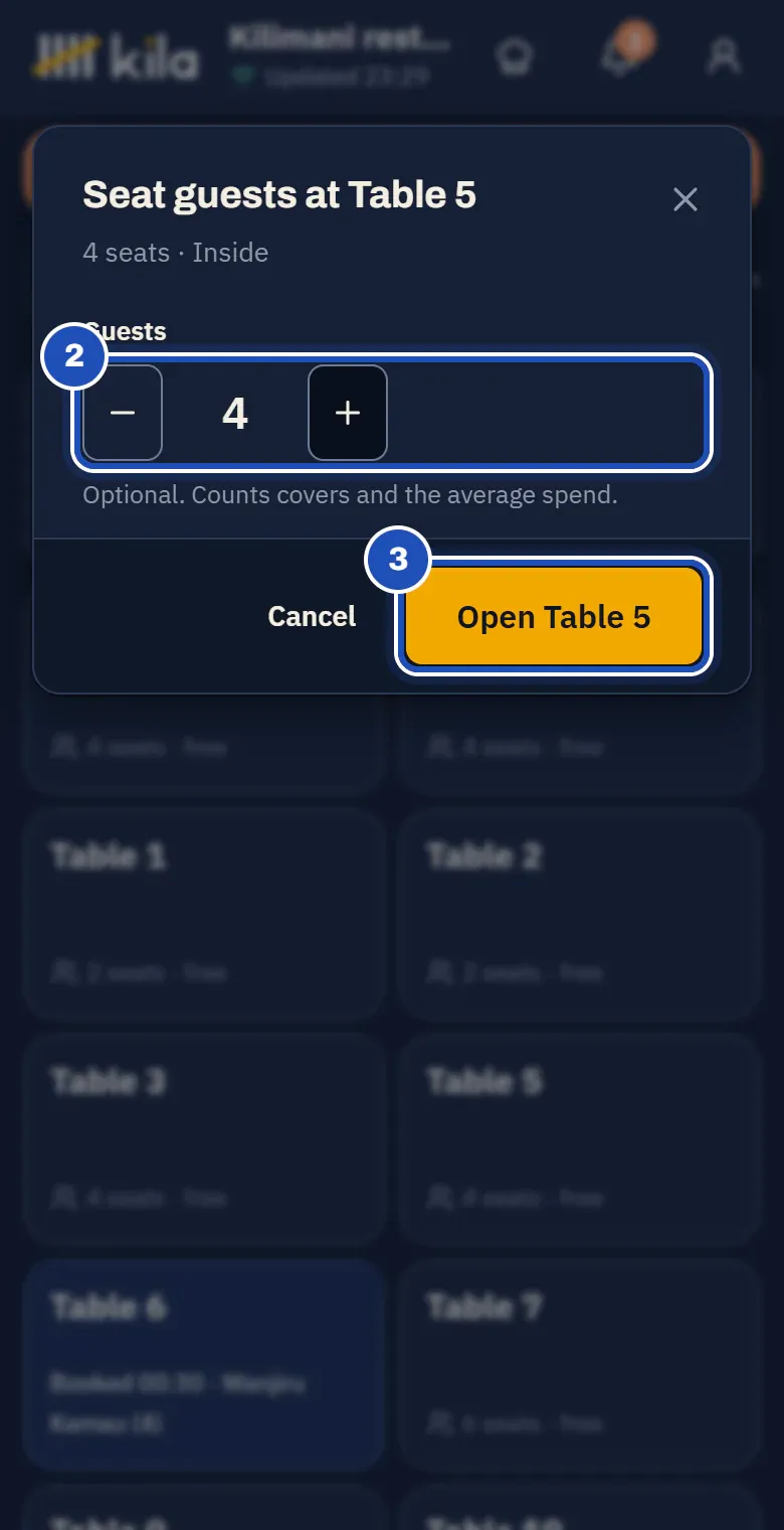 Seat guests at Table 5, 4 seats, Inside: the guests set to 4 (2) and Open Table 5 (3).