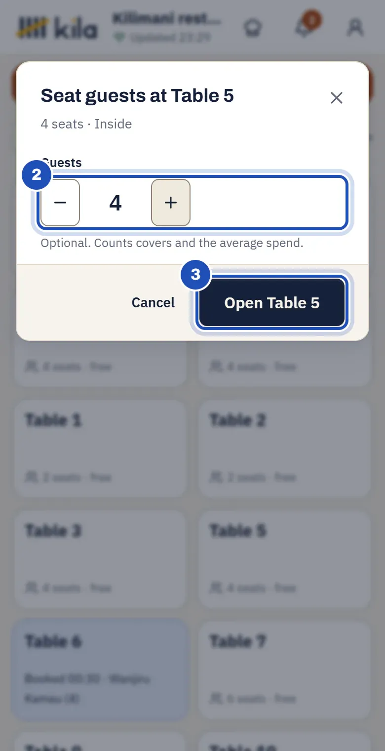 Seat guests at Table 5, 4 seats, Inside: the guests set to 4 (2) and Open Table 5 (3).