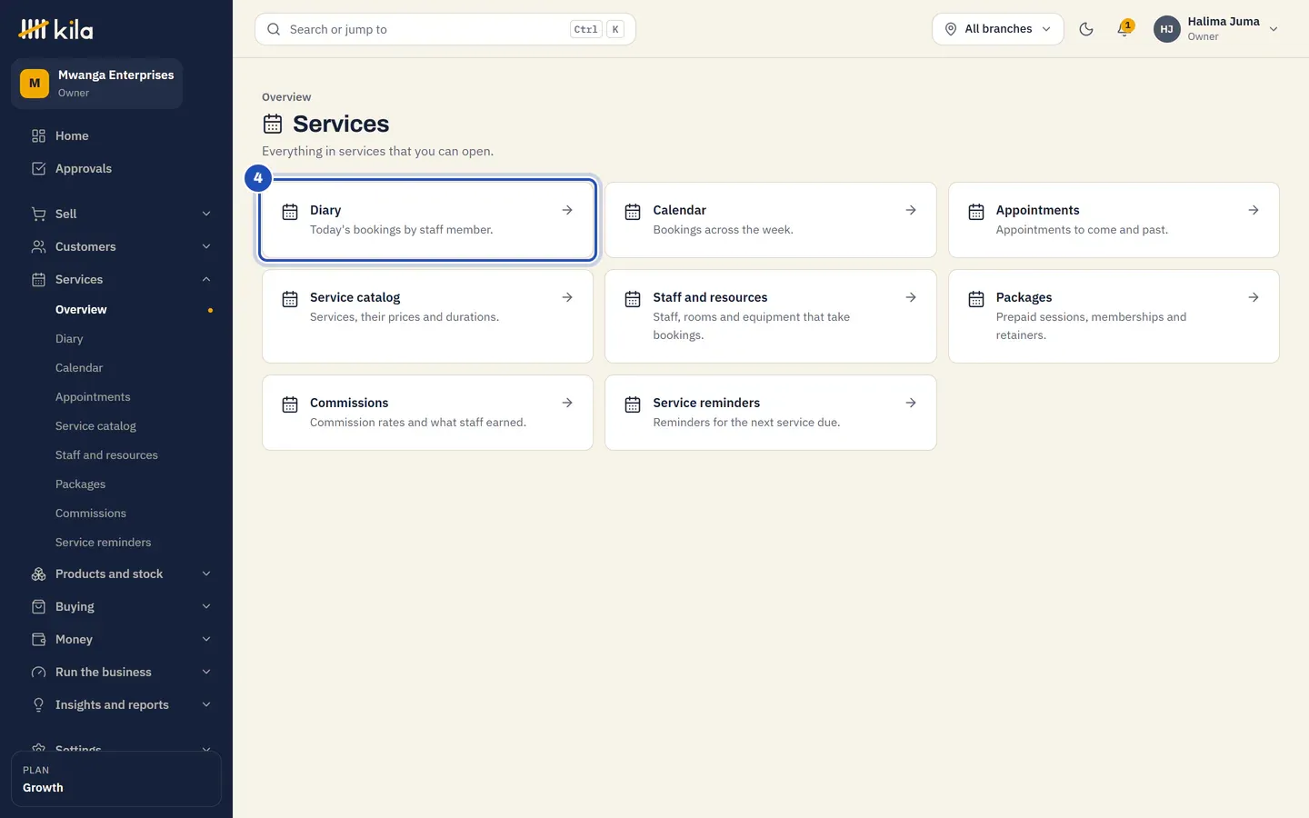 The Services overview after Appointments and bookings is switched on: Diary (4), Calendar and Appointments, with Packages beside Service catalog, Staff and resources, Commissions and Service reminders.