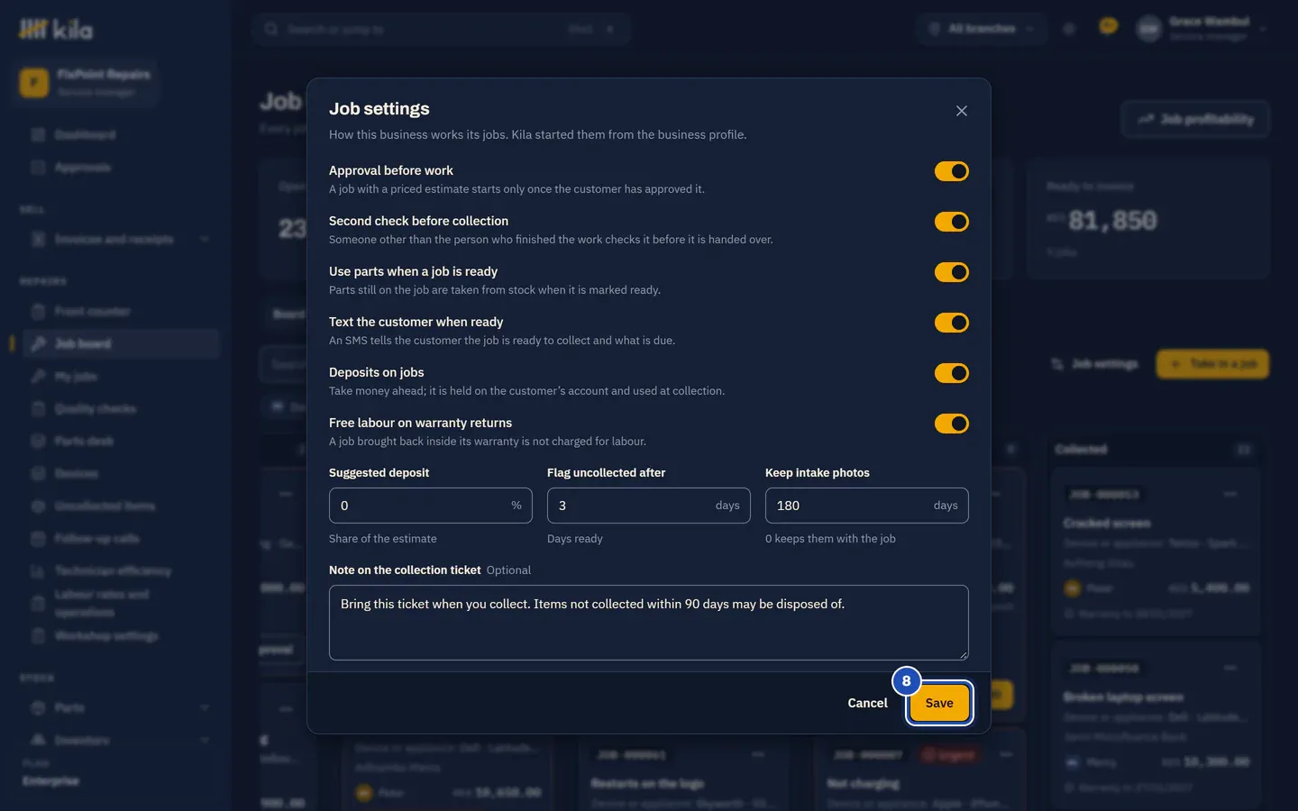 Job settings at FixPoint Repairs: Approval before work, Second check before collection, Use parts when a job is ready, Text the customer when ready, Deposits on jobs and Free labour on warranty returns all on, a suggested deposit of 0%, uncollected after 3 days, intake photos kept 180 days, the note on the collection ticket, and Save (8).