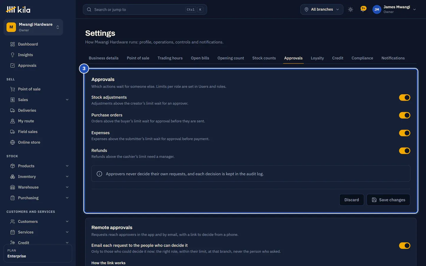 Settings, Approvals at Mwangi Hardware (3): Stock adjustments, Purchase orders, Expenses and Refunds are switched on, and Approvers never decide their own requests, and each decision is kept in the audit log.