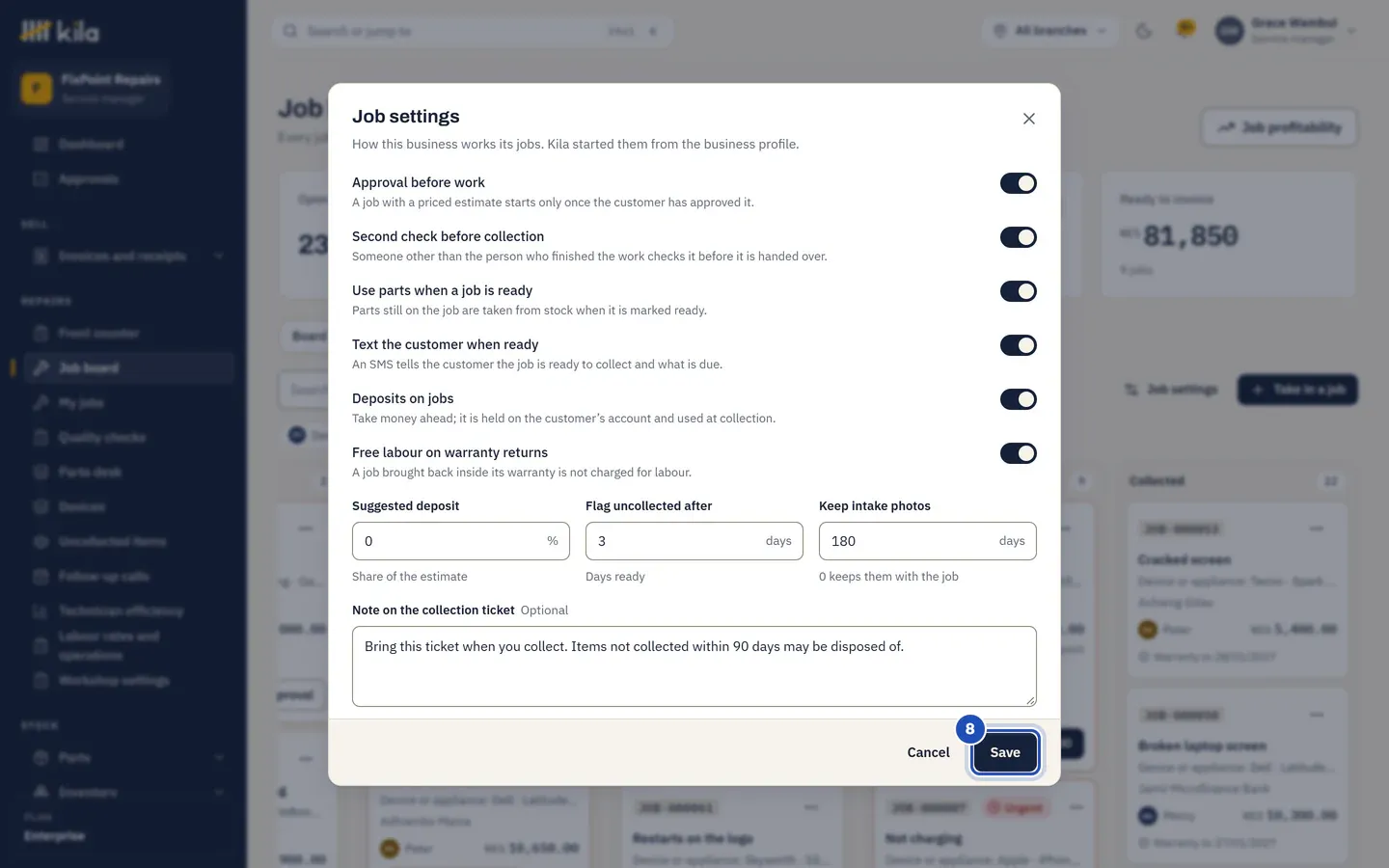 Job settings at FixPoint Repairs: Approval before work, Second check before collection, Use parts when a job is ready, Text the customer when ready, Deposits on jobs and Free labour on warranty returns all on, a suggested deposit of 0%, uncollected after 3 days, intake photos kept 180 days, the note on the collection ticket, and Save (8).