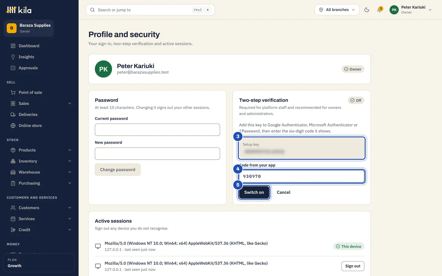 Two-step verification being set up: the Setup key, hidden in this picture (3), a six-digit code in Code from your app (4) and the Switch on button (5).
