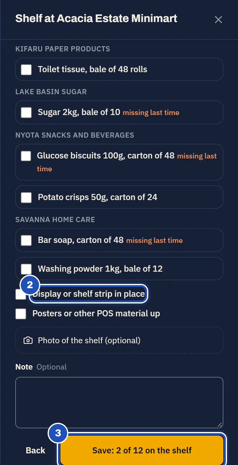 Shelf at an outlet on Purity Wanjiru's beat: the must-sell lines by principal, some missing last time, Display or shelf strip in place (2), Posters or other POS material up, Photo of the shelf, and Save: 2 of 12 on the shelf (3).