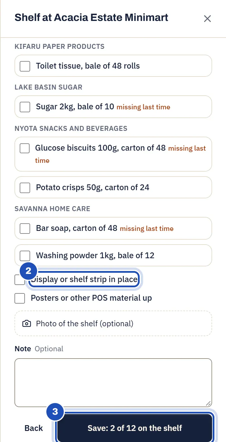 Shelf at an outlet on Purity Wanjiru's beat: the must-sell lines by principal, some missing last time, Display or shelf strip in place (2), Posters or other POS material up, Photo of the shelf, and Save: 2 of 12 on the shelf (3).