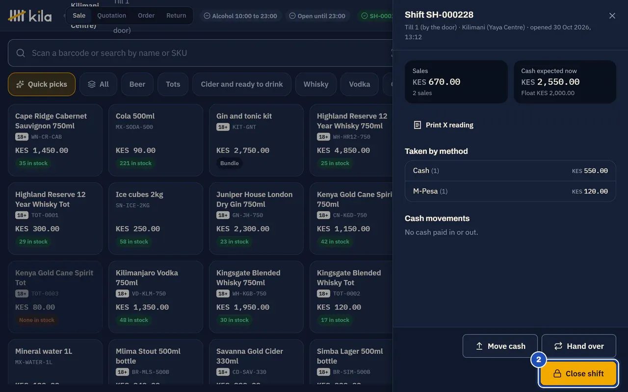 The shift panel: sales KES 670.00 in 2 sales, cash expected now KES 2,550.00 from a KES 2,000.00 float, KES 550.00 taken in cash and KES 120.00 by M-Pesa, no cash paid in or out. Close shift is marked 2.