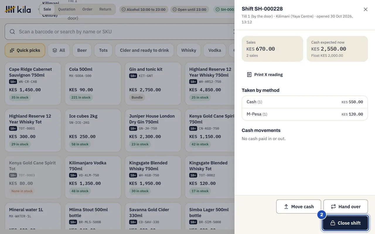 The shift panel: sales KES 670.00 in 2 sales, cash expected now KES 2,550.00 from a KES 2,000.00 float, KES 550.00 taken in cash and KES 120.00 by M-Pesa, no cash paid in or out. Close shift is marked 2.