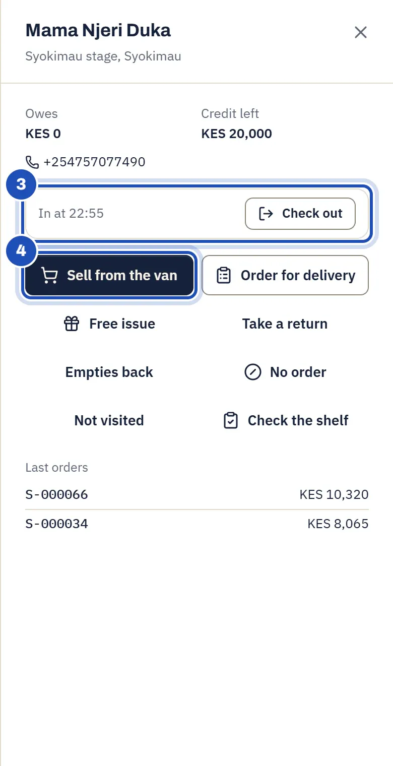 A shop on Kevin's beat: owes and credit left, In at 21:15 with Check out (3), and Sell from the van marked 4.