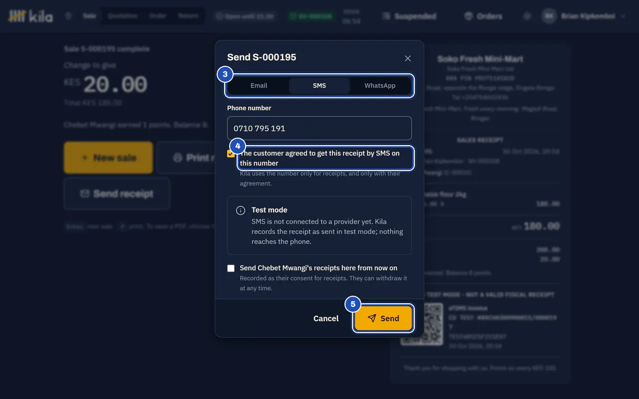 Send S-000173 by SMS (3): the customer's phone filled in, the box The customer agreed to get this receipt by SMS on this number ticked (4), the Test mode notice, and Send (5).