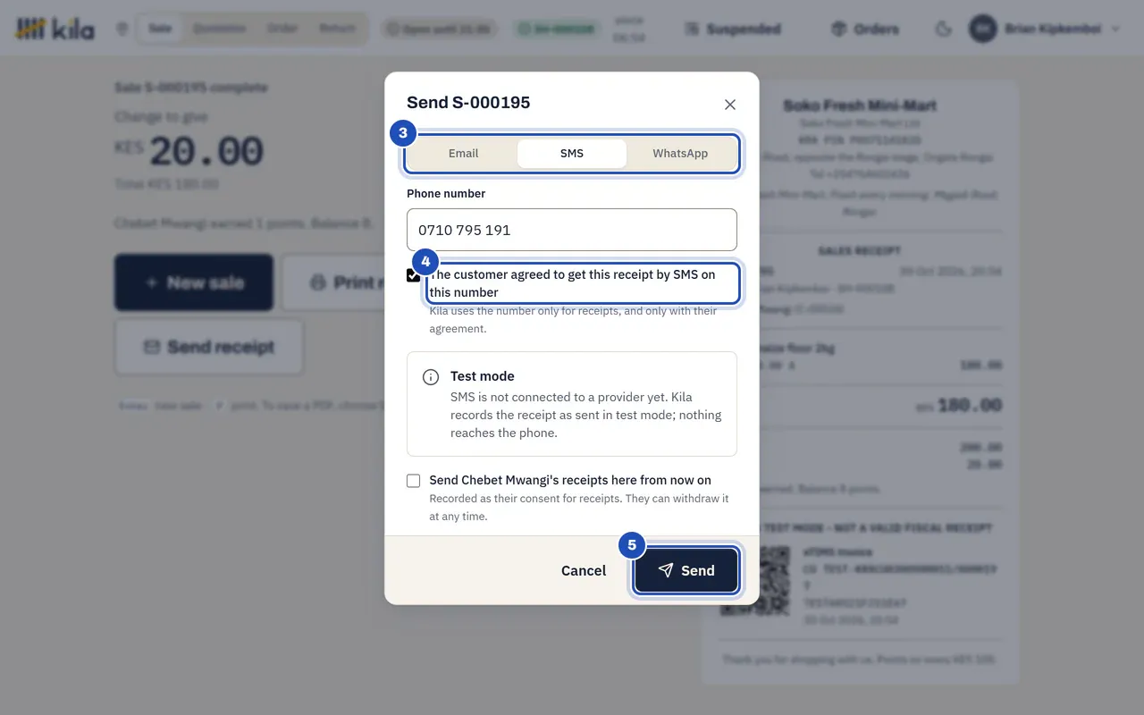 Send S-000173 by SMS (3): the customer's phone filled in, the box The customer agreed to get this receipt by SMS on this number ticked (4), the Test mode notice, and Send (5).
