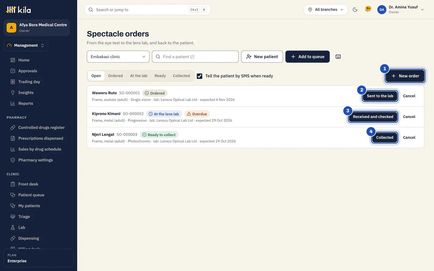 Spectacle orders at Afya Bora Medical Centre: New order (1), and three orders with their frame, lenses and lens lab: one Ordered with Sent to the lab (2), one At the lens lab and Overdue with Received and checked (3), and one Ready to collect with Collected (4).