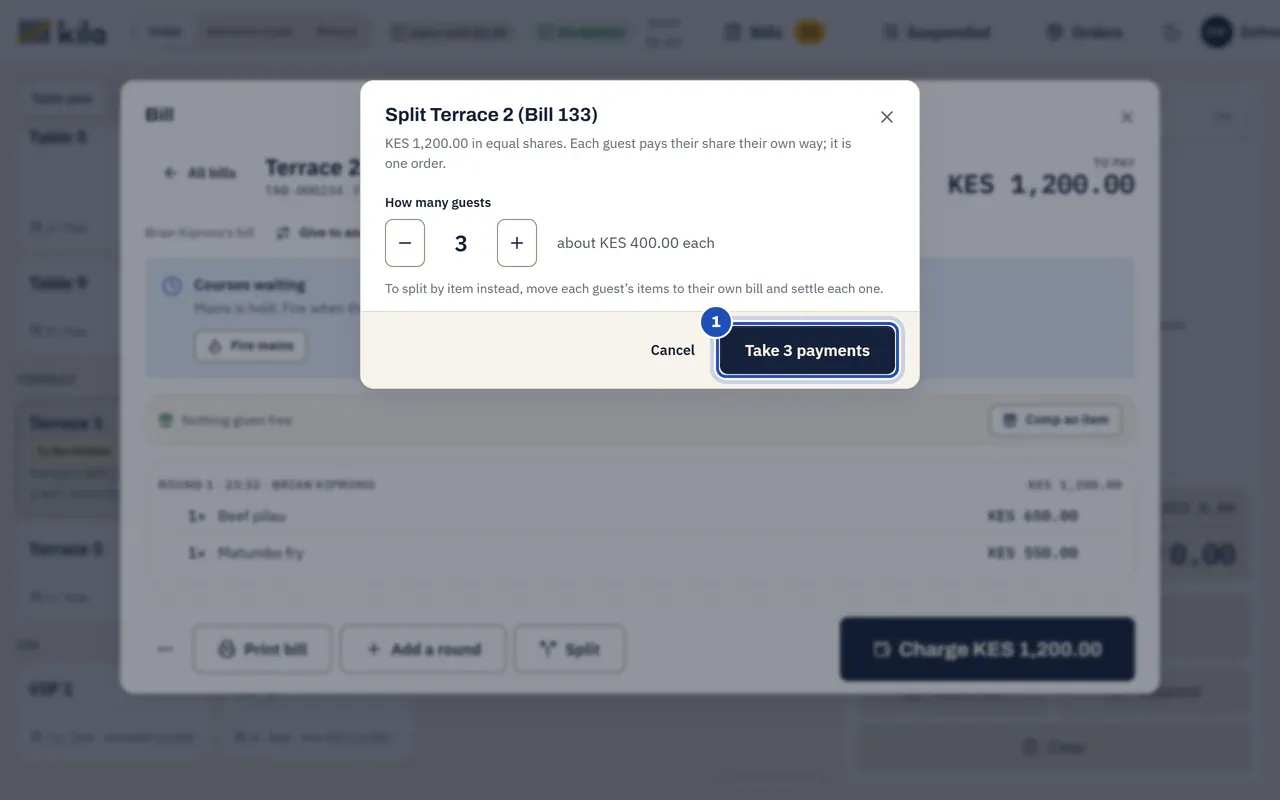 Split Terrace 2 on the till: the bill in equal shares, How many guests set to 3, about KES 400.00 each, and Take 3 payments marked 1.