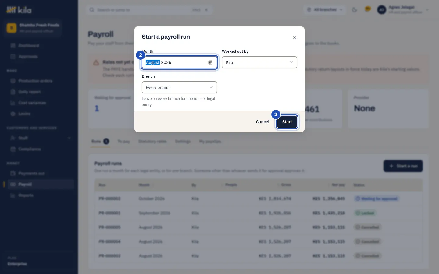 Start a payroll run: the Month, here August 2026 (2), and Start (3).