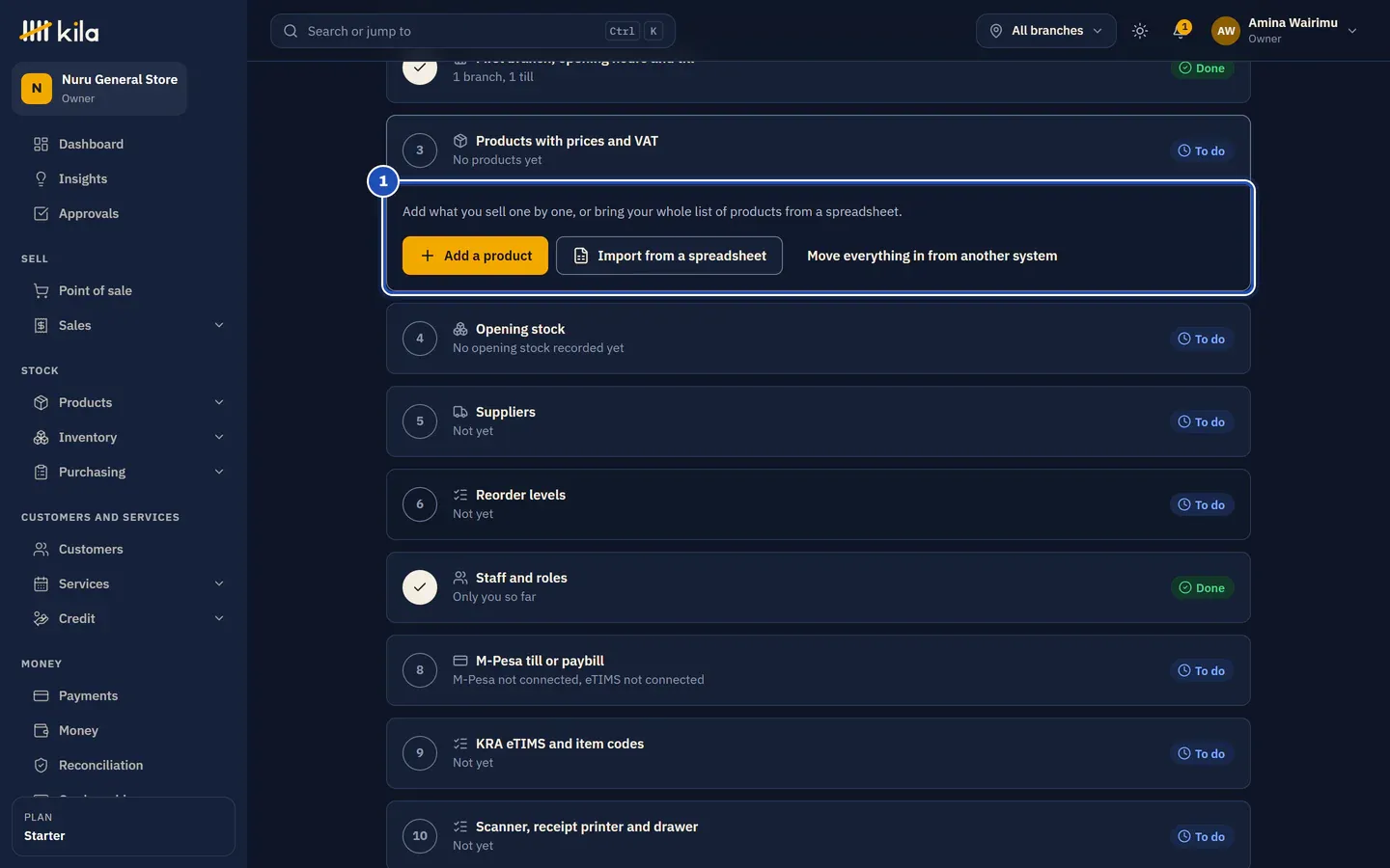 The step Products with prices and VAT opened: Add what you sell one by one, or bring your whole list of products from a spreadsheet, with Add a product, Import from a spreadsheet and Move everything in from another system (1).