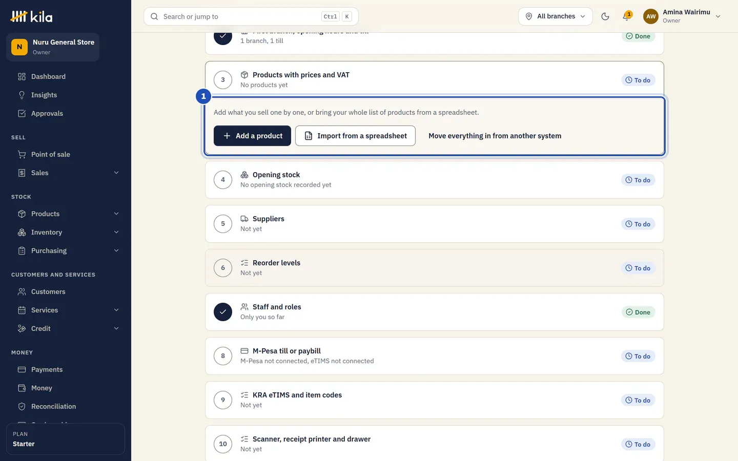 The step Products with prices and VAT opened: Add what you sell one by one, or bring your whole list of products from a spreadsheet, with Add a product, Import from a spreadsheet and Move everything in from another system (1).