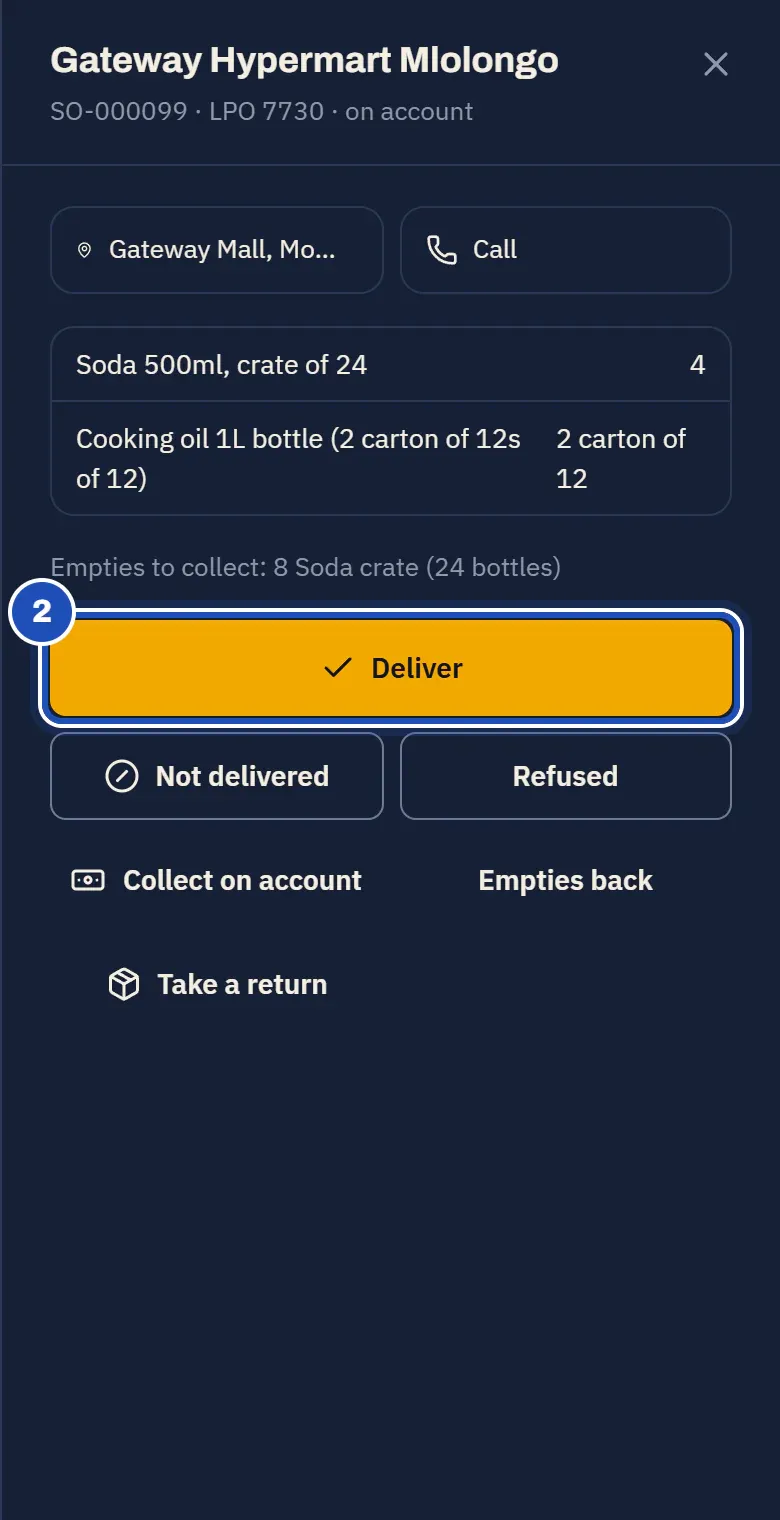 The stop for Gateway Hypermart Mlolongo, on account: soda and cooking oil, with Deliver (2), Not delivered, Refused, Collect on account, Empties back and Take a return.