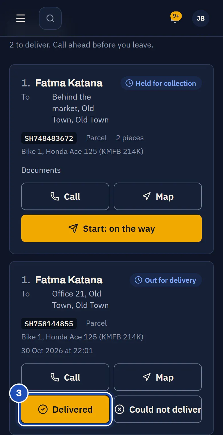 The run's parcel on its way to Old Town, with Call, Map, Delivered (3) and Could not deliver.