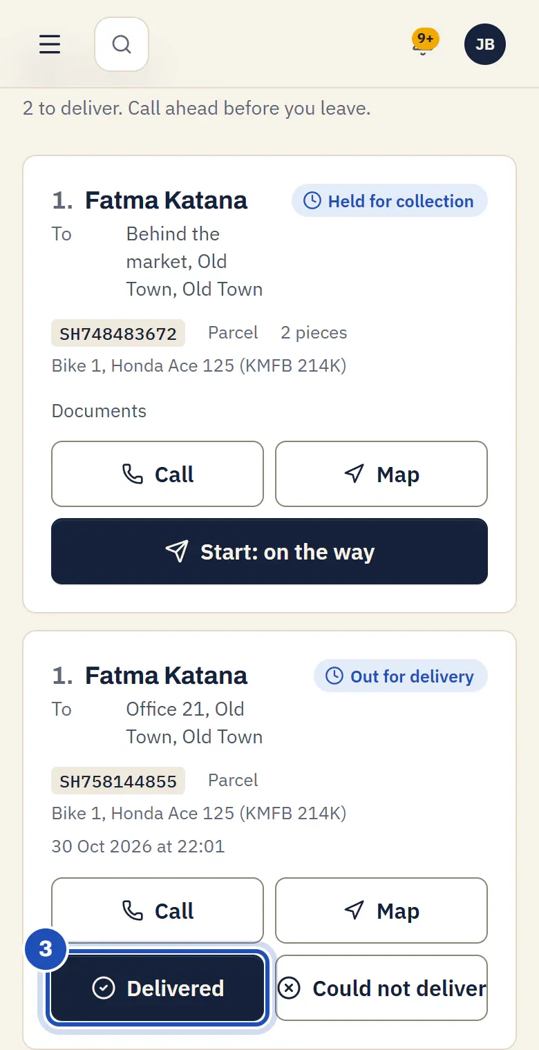 The run's parcel on its way to Old Town, with Call, Map, Delivered (3) and Could not deliver.