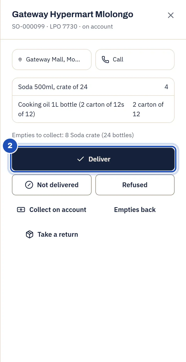 The stop for Gateway Hypermart Mlolongo, on account: soda and cooking oil, with Deliver (2), Not delivered, Refused, Collect on account, Empties back and Take a return.