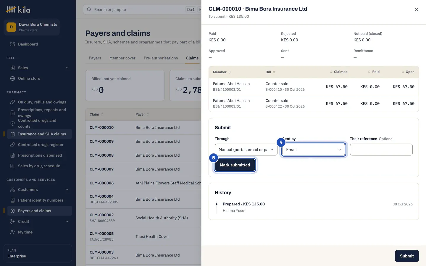 Claim CLM for Bima Bora Insurance Ltd, to submit: Fatuma Abdi Hassan's two counter sales, and under Submit, Through Manual, Sent by Email (4) and Mark submitted (5).