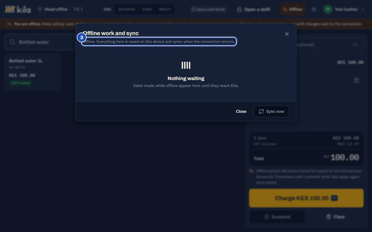 The sync list from the header: Offline. Everything here is saved on this device and syncs when the connection returns (3).
