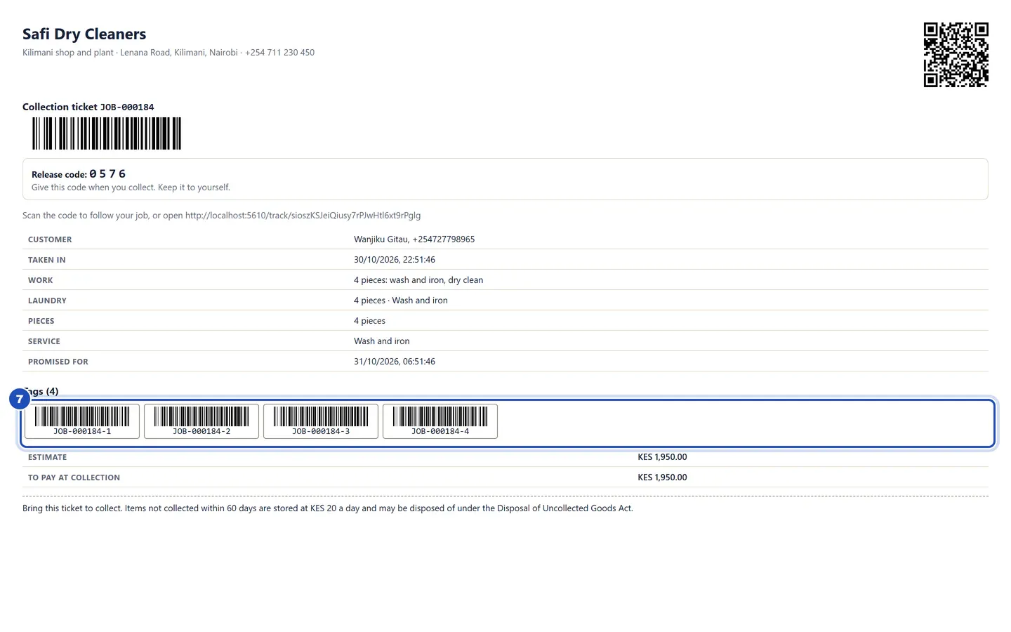 A laundry collection ticket at Safi Dry Cleaners: the release code, the customer, 4 pieces, the promised time, and Tags (4) with a barcode for each piece (7), then the estimate and what is to pay at collection.