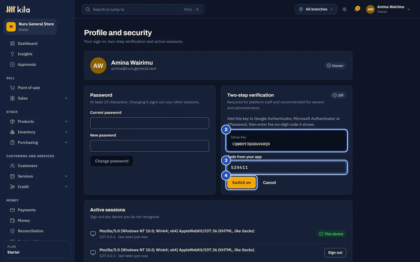 Profile and security: the Setup key (2), a six-digit code in Code from your app (3) and the Switch on button (4).