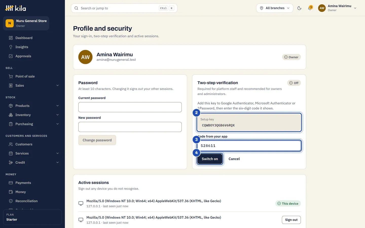 Profile and security: the Setup key (2), a six-digit code in Code from your app (3) and the Switch on button (4).