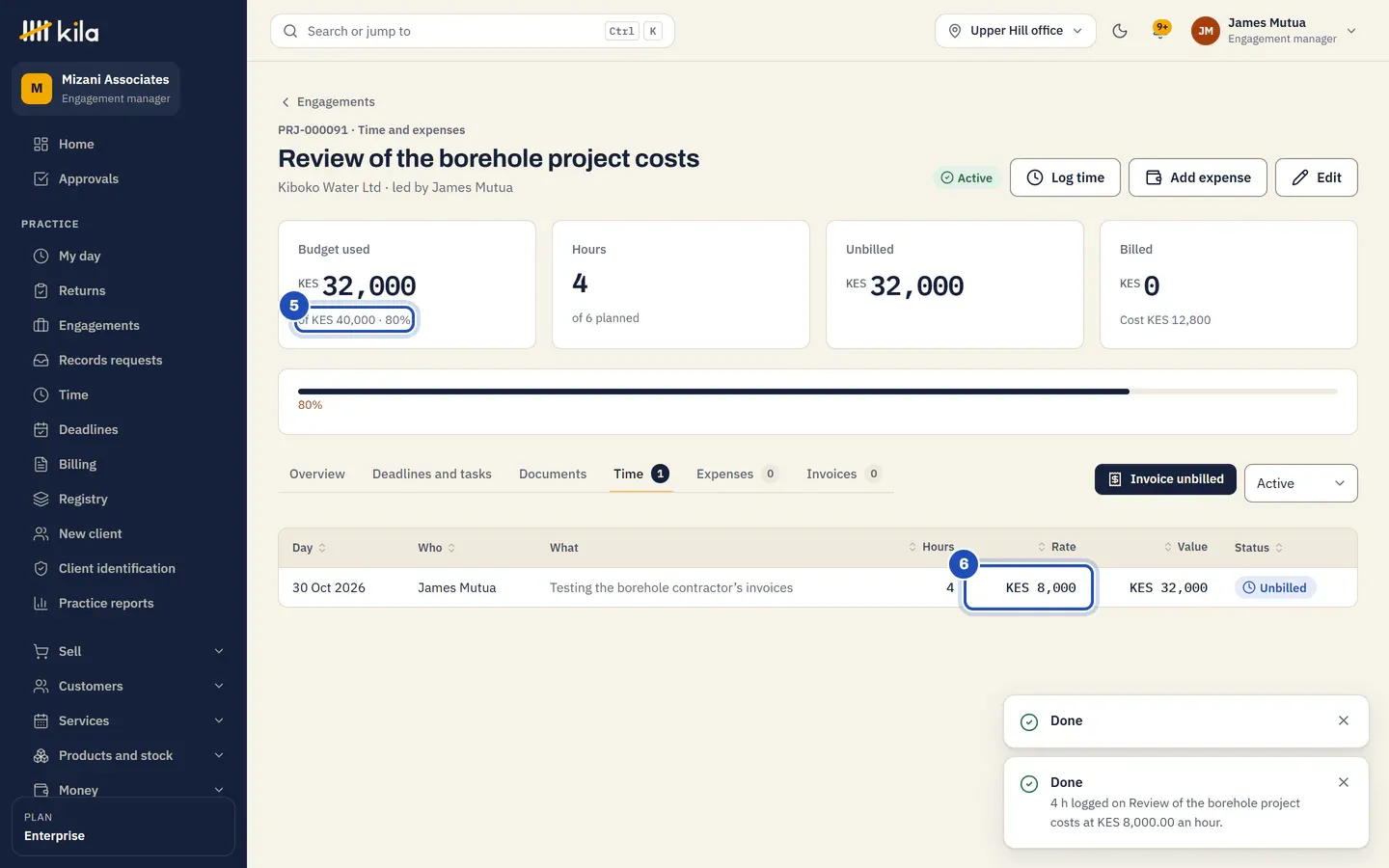 The engagement after 4 hours at the agreed rate: KES 32,000 used of KES 40,000, 80%, marked in amber (5), 4 of 6 planned hours, and the time at KES 8,000 an hour (6).