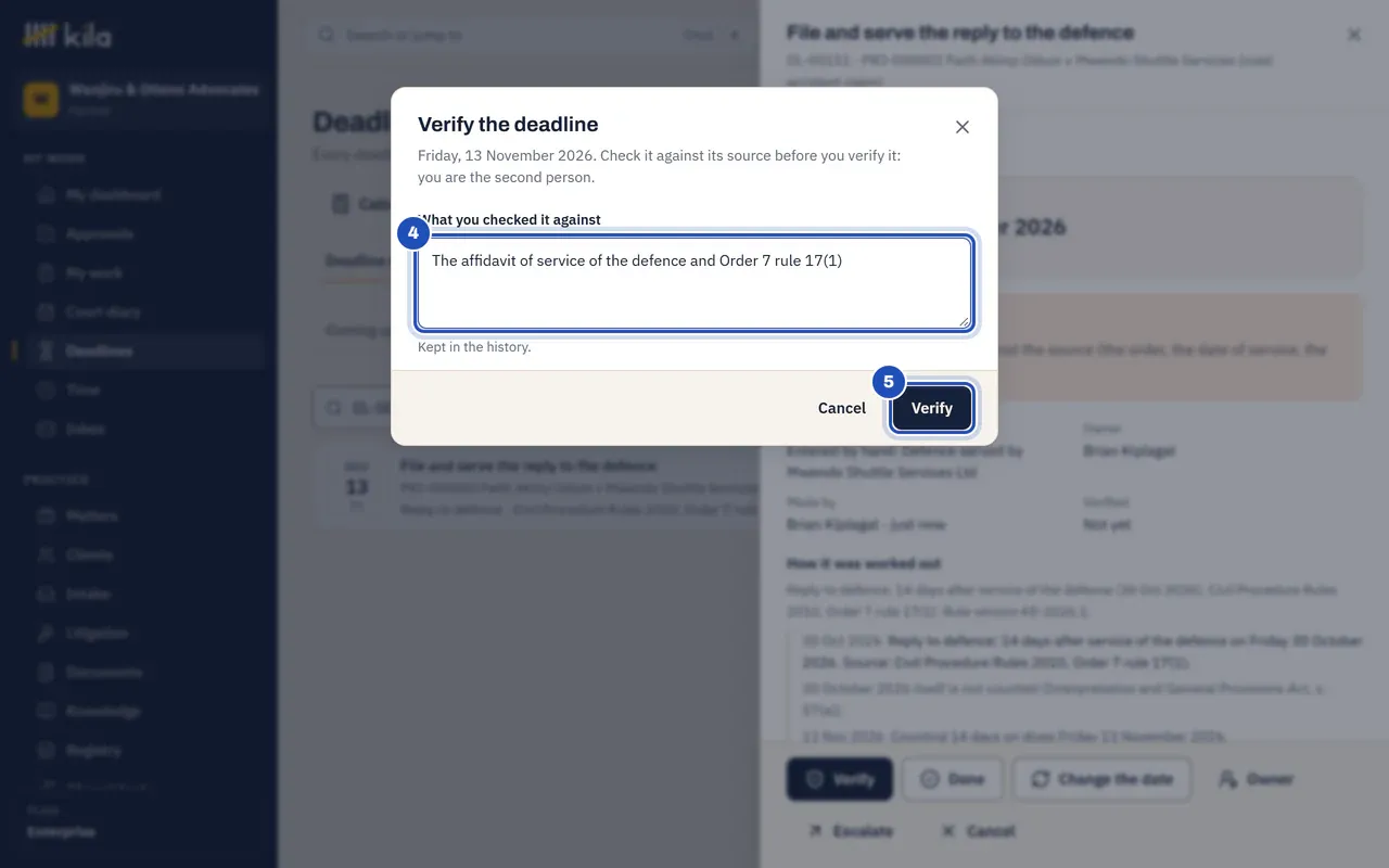 Verify the deadline: what it was checked against, the affidavit of service and Order 7 rule 17(1) (4), and the Verify button (5).