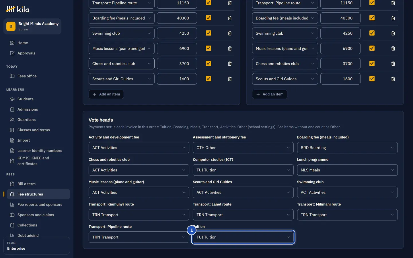 Vote heads at Bright Minds Academy: each fee item with its vote head, Tuition's box marked 1.