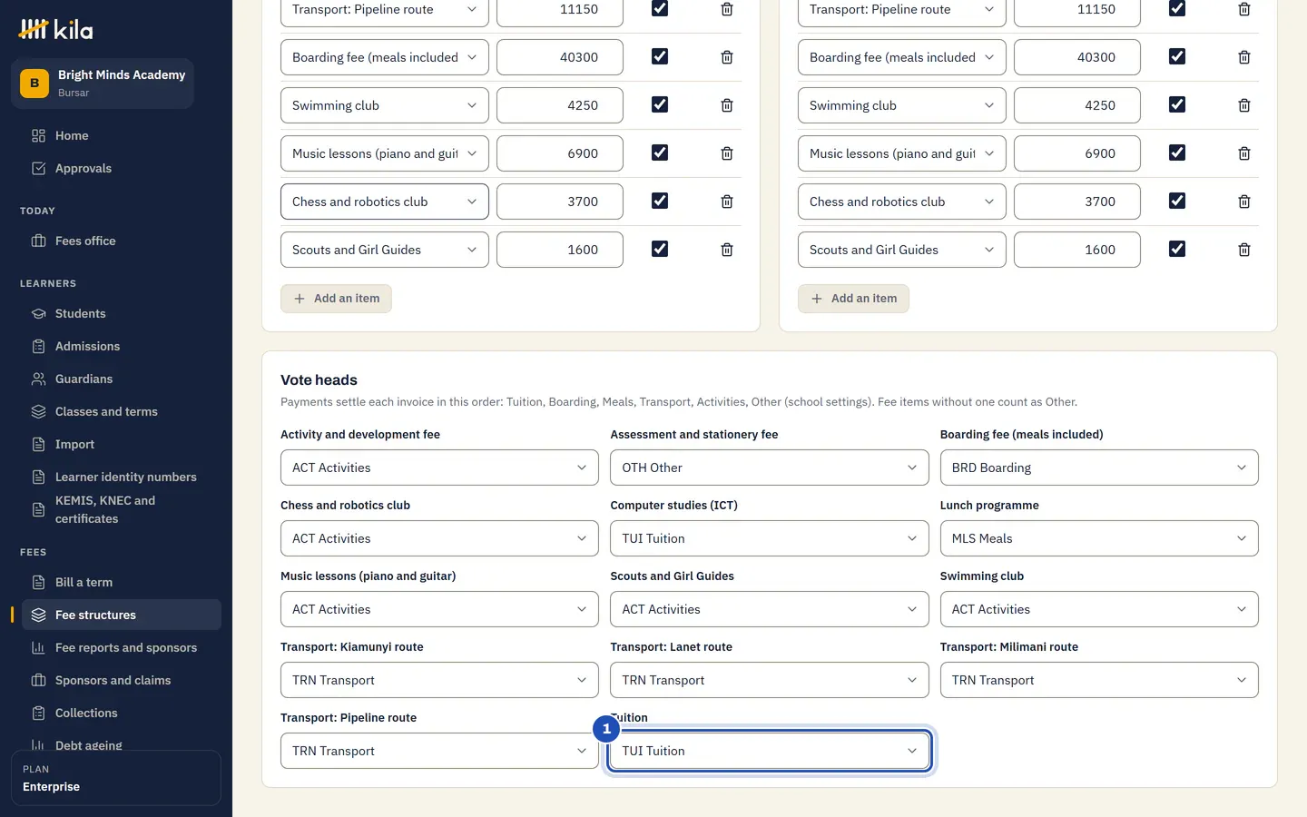 Vote heads at Bright Minds Academy: each fee item with its vote head, Tuition's box marked 1.