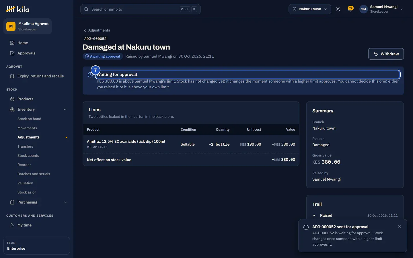 Adjustment Damaged at Nakuru town, awaiting approval. The notice Waiting for approval, marked 7, says KES 380.00 is above Samuel Mwangi's limit and stock has not changed yet. Withdraw is at the top.