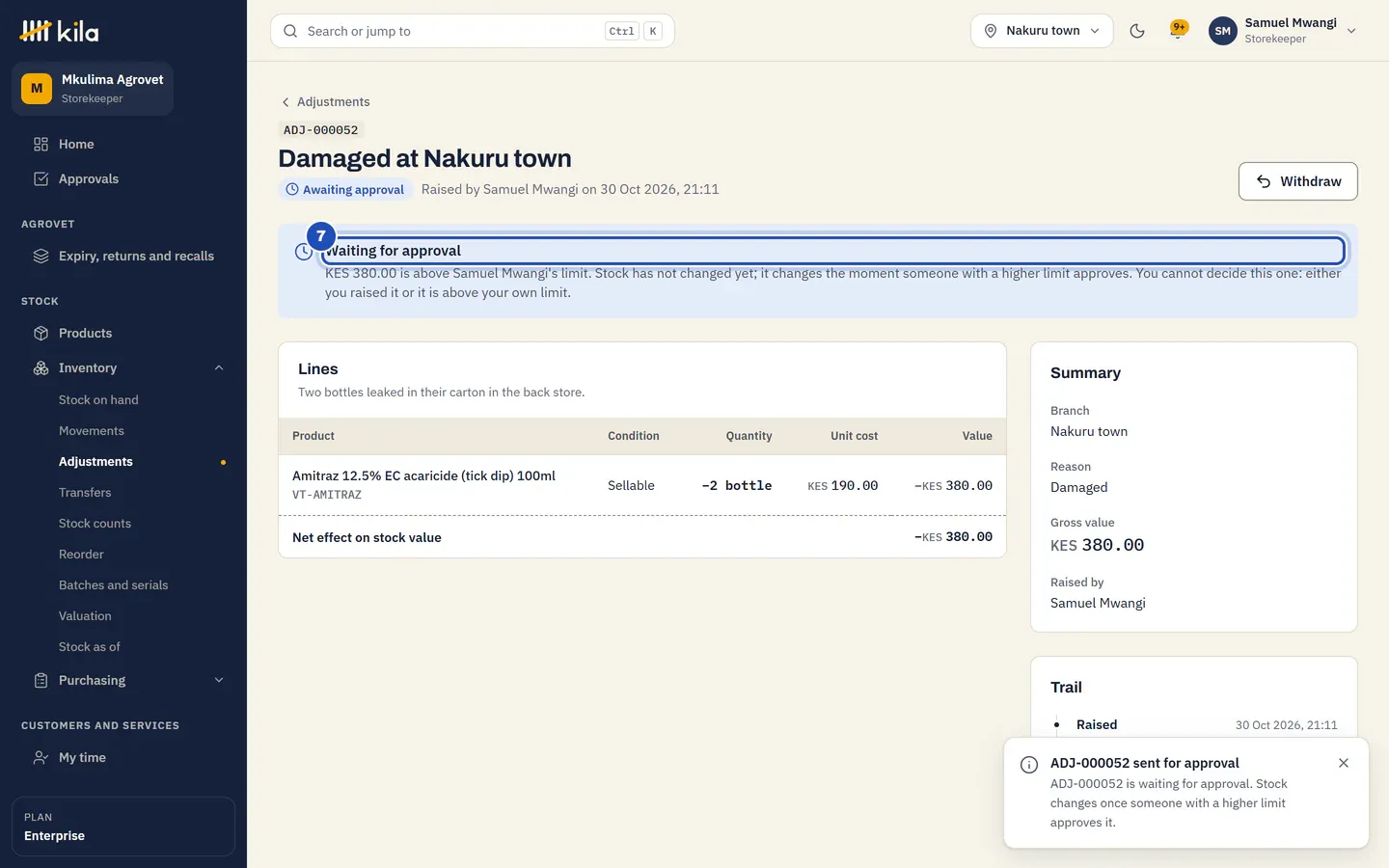 Adjustment Damaged at Nakuru town, awaiting approval. The notice Waiting for approval, marked 7, says KES 380.00 is above Samuel Mwangi's limit and stock has not changed yet. Withdraw is at the top.