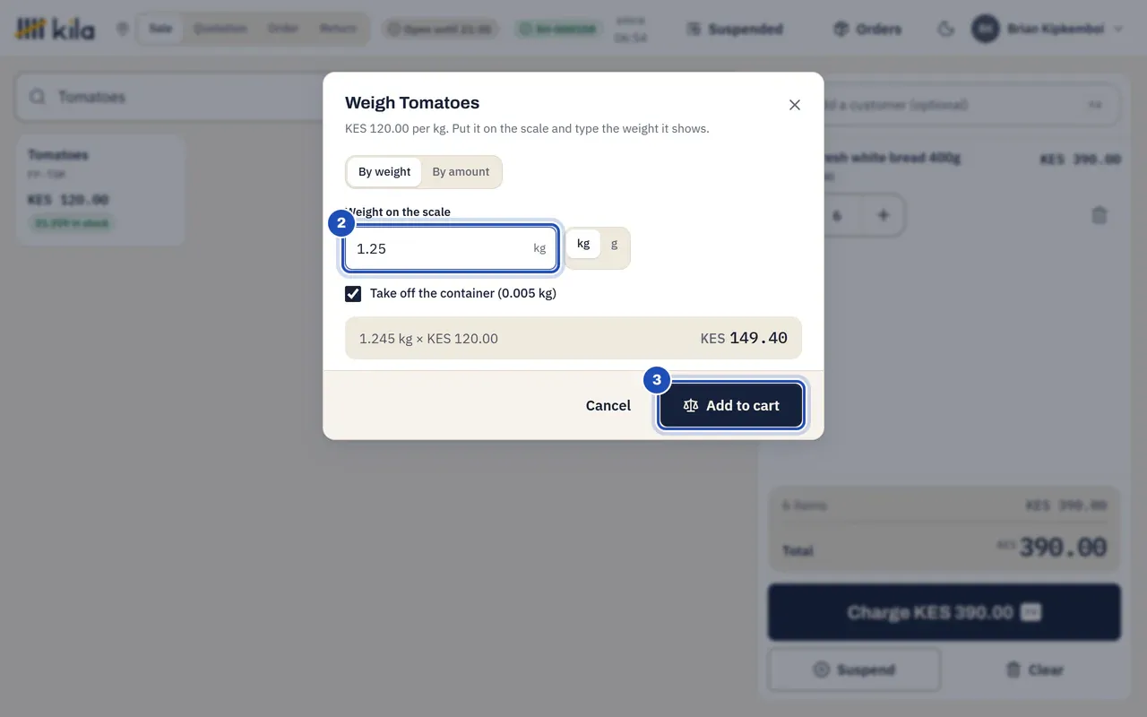 Weigh Tomatoes: 1.25 typed as the weight on the scale (2), the container of 0.005 kg taken off, 1.245 kg × KES 120.00 coming to KES 149.40, and Add to cart (3).