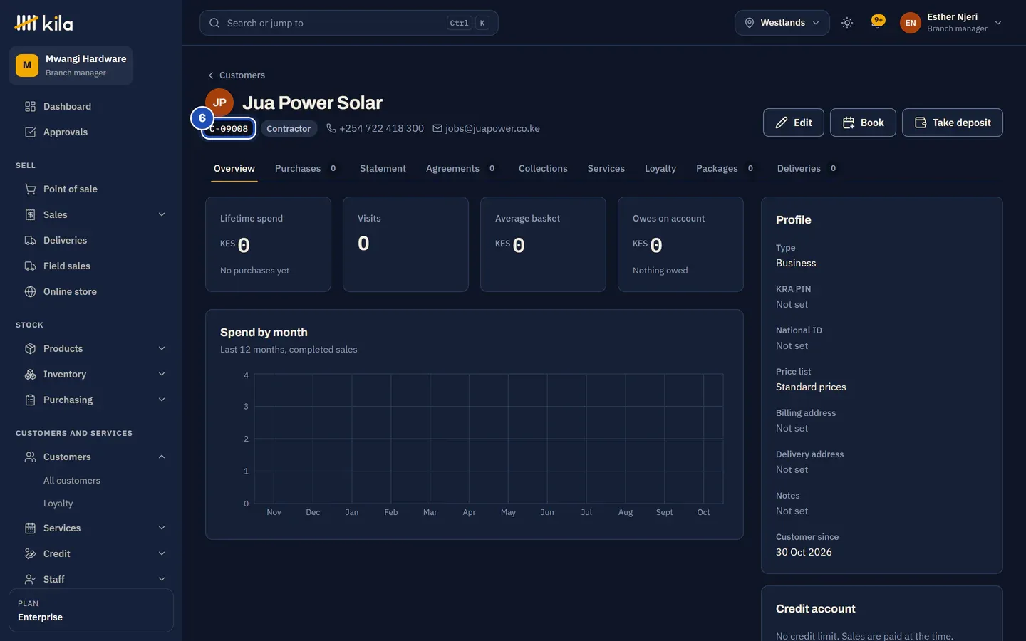 The new customer's page: Jua Power Solar, Contractor, with its phone and email. The customer number is marked 6, and the message in the corner says Customer added.