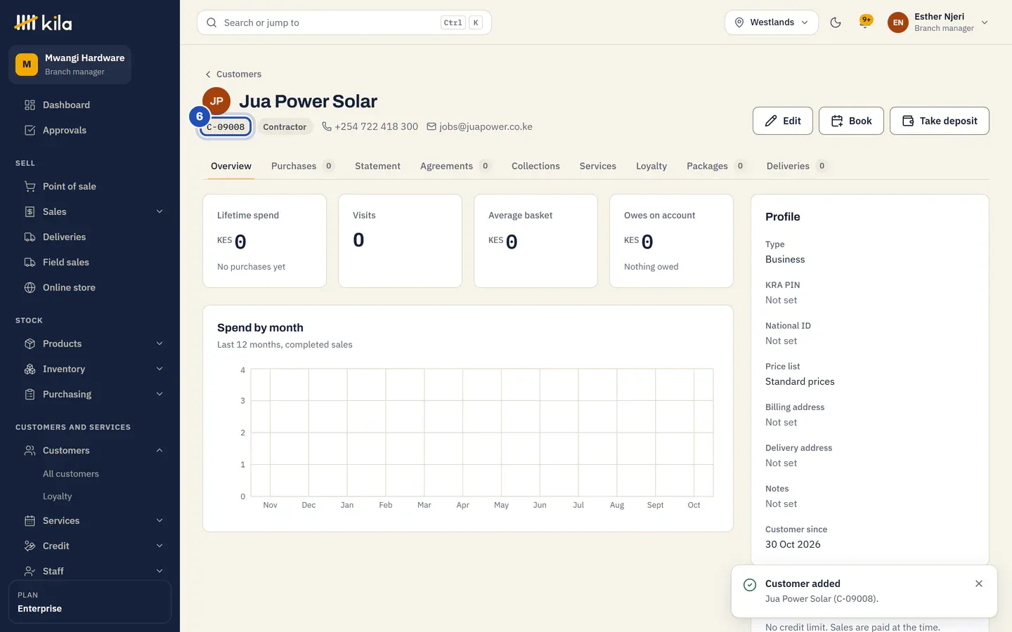 The new customer's page: Jua Power Solar, Contractor, with its phone and email. The customer number is marked 6, and the message in the corner says Customer added.
