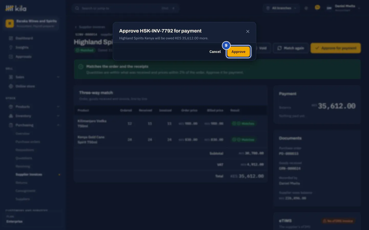 Approve HSK-INV-7792 for payment: Highland Spirits Kenya will be owed KES 35,612.00 more. Approve (9).