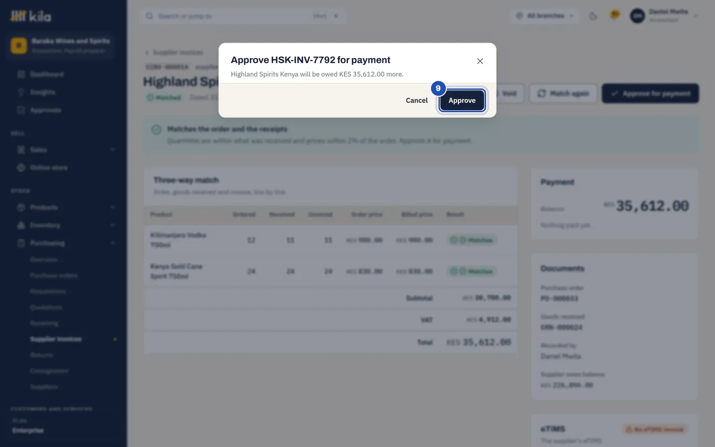 Approve HSK-INV-7792 for payment: Highland Spirits Kenya will be owed KES 35,612.00 more. Approve (9).